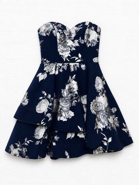 B Darlin Navy Silver Floral Strapless Fit Flare Dress Homecoming 5/6